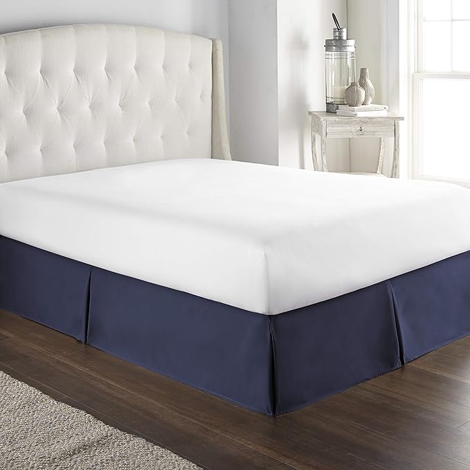 Bed Skirt - 100% Cotton 800 Thread Count Box Pleated Bed Skirt - Luxury Pleated Dust Ruffle, Hotel Quality Modern Bed Skirt, Easy Fit with 12 Inch Tailored Drop, RV King, Navy Blue