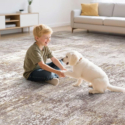 Washable 8X10 Area Rug: Modern Abstract Soft Non-Slip Indoor Rugs Home Decor - Low Pile Stain Resistant Carpet for Living Room Bedroom Dining Room Playroom Office(Golden Brown 8'x10')