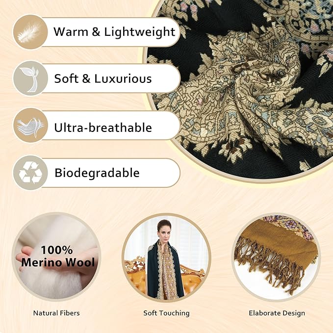 DANA XU 100% Merino Wool Extra Large Pashmina Blanket Travel Scarf Cashmere Wrap for Women Fall Winter Oversize Shawl Floral