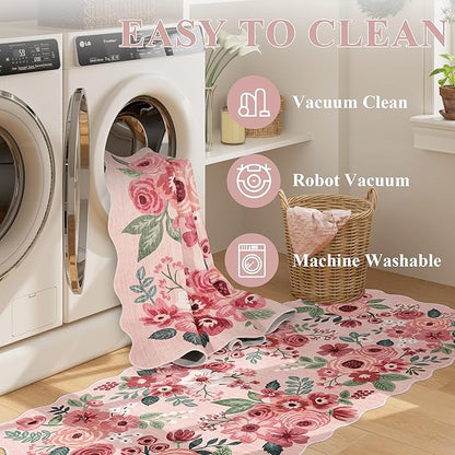DUKINO 6x9 Area Rug, Floral Washable Rugs for Living Room with Non Slip Backing & Non-Shedding, Lightwight Low Pile Boho Design Large Carpets for Bedroom, Living Room, Dining Room, Pink