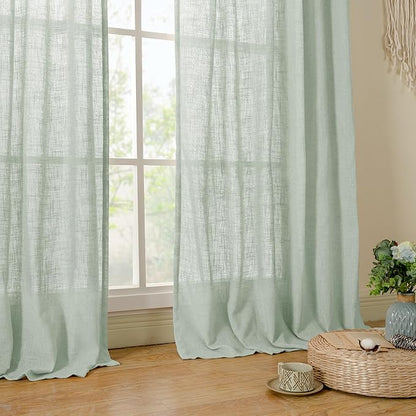 LAMIT 63 Inch Semi Sheer Linen Curtains, Light Filtering Panels Back Tab and Rod Pocket Neutral Drapes for Bedroom/Living Room, Light Sage, 2 Panels, 34 x 63 Inch