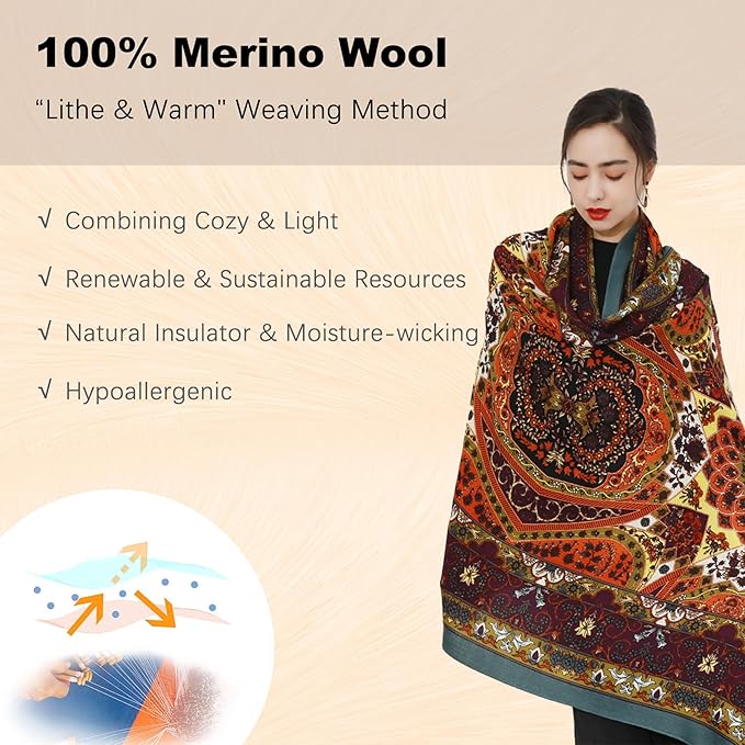 DANA XU 100% Merino Wool Pashmina Shawl for Women 96"x43", Oversized Cashmere Wrap with Tassels, Floral Travel Blanket Cape