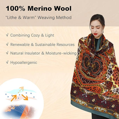 DANA XU 100% Merino Wool Pashmina Shawl for Women 96"x43", Oversized Cashmere Wrap with Tassels, Floral Travel Blanket Cape