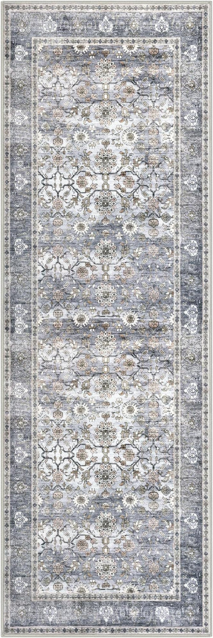 KUTA Vintage Floral Washable Hallway Runner, 2x6 Runners for Hallways Non-Slip Kitchen Rugs Grey Blue Ultra Thin Soft Printed Distressed Oriental Floor Carpet for Laundry Bedroom Living Room Nursery