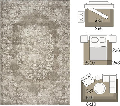jinchan Washable Area Rug 3x5 Entryway - Soft Distressed Vintage Floral Indoor Bedroom Rug Faux Wool Low Pile Small Oriental Accent Carpet for Kitchen, Entrance, Bedside, Dining Room(Brown, 3'x5')