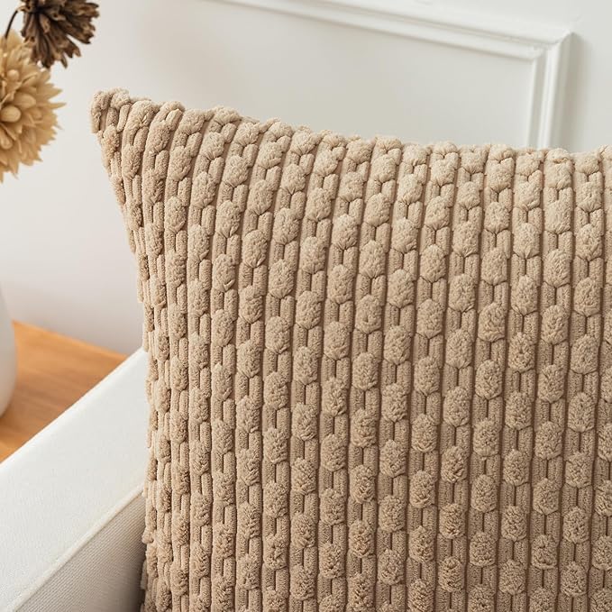 Kevin Textile 12x24 Inch Pillow Cover 1 Pack Boho Decorative Soft Striped Corduroy Lumbar Farmhouse Solid Color Accent Rectangle Cushion Case for Living Room Couch Sofa Bed, Tan
