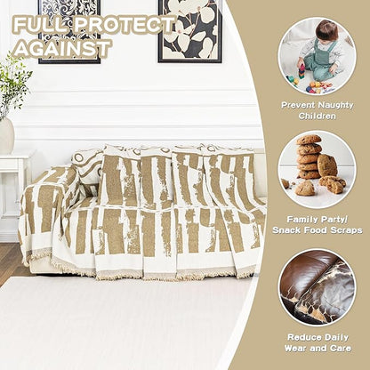 MEETSKY Boho Couch Covers for 2 Cushion Couch Sofa, Sofa Covers Washable Couch Cover for Sectional Sofa, Chenille Couch Protector for Kids, Dogs, Khaki