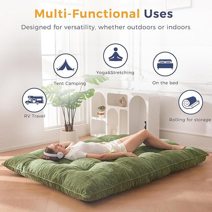 MAXYOYO Japanese Floor Mattress Queen Size, 6" Foldable Futon Mattress Tufted Roll Up Floor Bed, Thick Chenille Tatami Mat Sleeping Pad for Camping Guest Room Dormitory Bedroom RV, Green