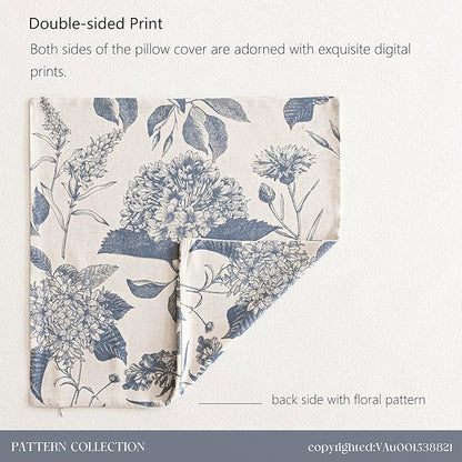 Foindtower Set of 2 Linen Floral Vintage Throw Pillow Covers Neutral Accent Print Decorative Cushion Covers Farmhouse Boho Home Decor for Sofa Chair Couch Bedroom Living Room,24×24 Inch,Blue