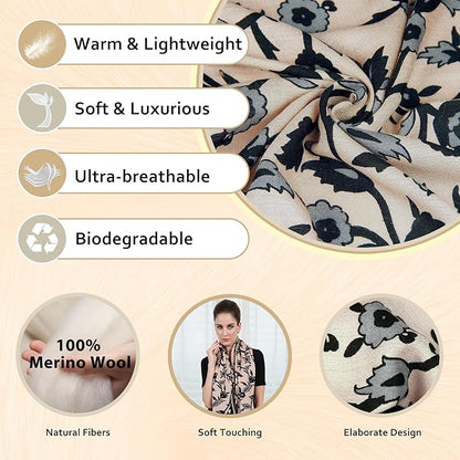 DANA XU 100% Merino Wool Extra Large Pashmina Blanket Travel Scarf Cashmere Wrap for Women Fall Winter Oversize Shawl Floral