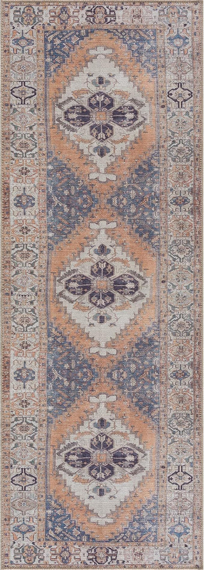 Bloom Rugs Washable 12 ft Runner - Orange / Blue / Beige Traditional Persian Runner for Entryway, Hallway, Bathroom, and Kitchen - Exact Size: 2'5" x 12"