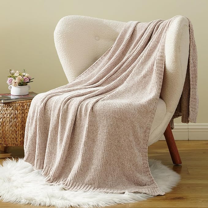 BATTILO HOME Knit Chenille Throw Blanket for Couch, Cozy Beige Throw Blankets for Home Decor,Lightweight Soft Throw for Bed,Sofa,Chair 51"x67"