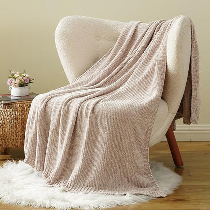 BATTILO HOME Knit Chenille Throw Blanket for Couch, Cozy Beige Throw Blankets for Home Decor,Lightweight Soft Throw for Bed,Sofa,Chair 51"x67"