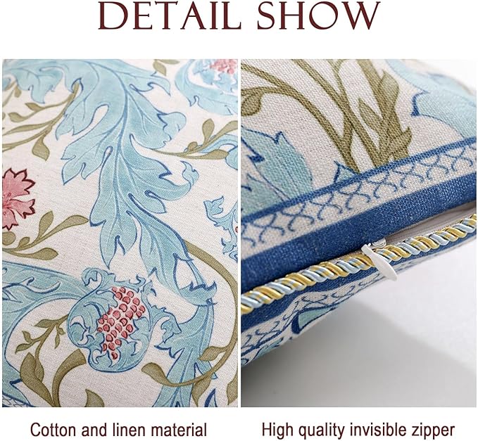 patdrea Designer Throw Pillow Covers for Couch 18"x18",Vintage French Linen Pillows Cover with Blue Floral Pattern,Fall Luxury Farmhouse Decorative Pillowcases for Bed Living Room Outdoor Set of 2