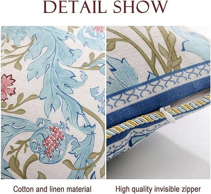 patdrea Designer Throw Pillow Covers for Couch 18"x18",Vintage Luxury French Linen Pillows Cover with Blue Floral Pattern,Farmhouse Decorative Square Pillowcases for Bed,Living Room,Outdoor,car