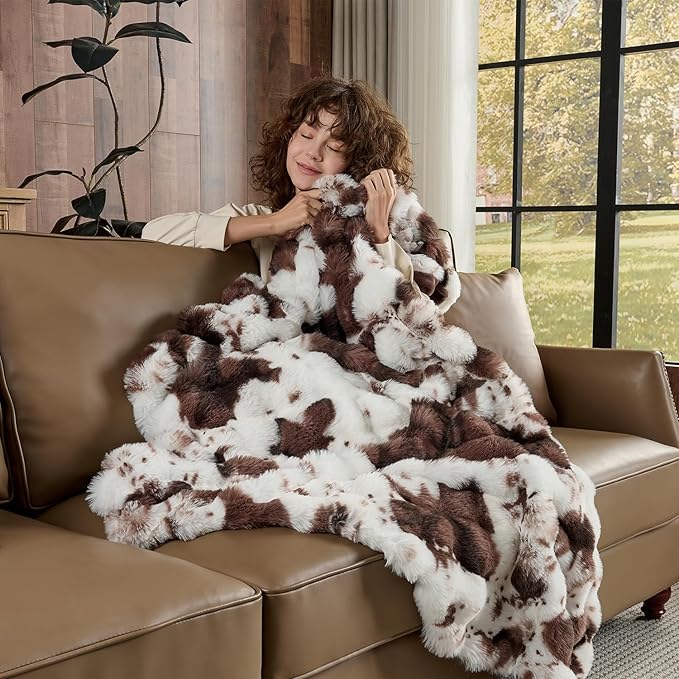Lotus Karen Faux Fur Throw Blanket Cow Print-Dark Brown, Fluffy Fuzzy Plush Bubble Blanket for Couch, 108x90 Inches Cozy Shaggy Rabbit Blanket, Luxury Decorative Gifts for Sofa Bedroom Living Room.