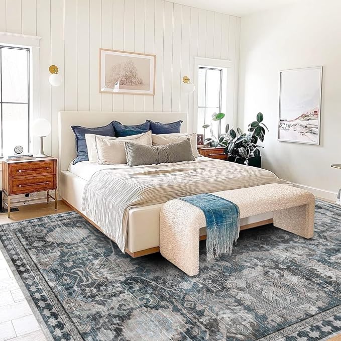 RUGSURE Washable Area Rugs - Perfect for Living Room, Bedroom, Kids Room, Nursery - Stain & Water Resistant Non-Slip, Pet & Child Friendly, Vintage Tribal Area Rugs (Grey and Blue, 8' x 10')