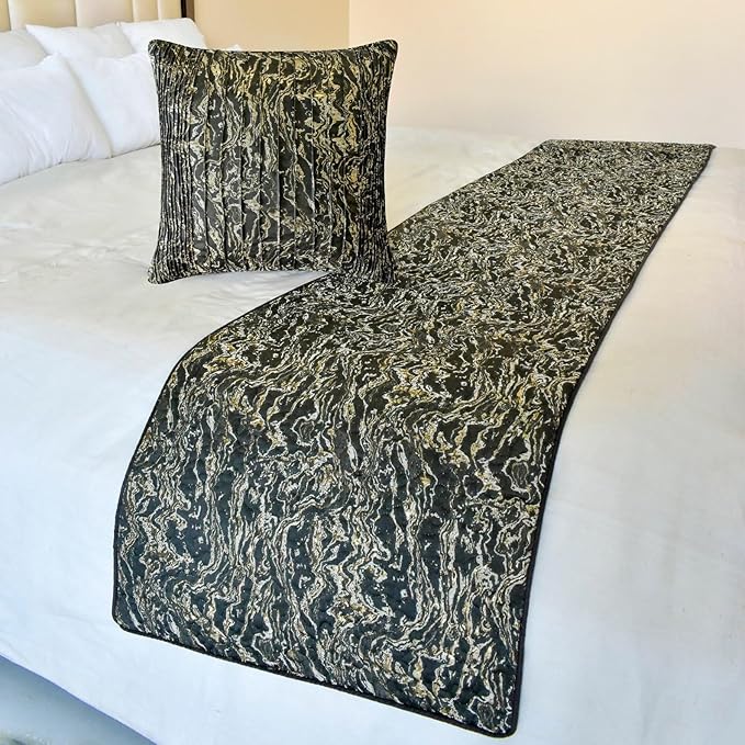The HomeCentric King/Queen/Twin Black Decorative Bed Runner Full 68"x18" Bed Runner Without Pillow Cover, Marble Pattern, Pintucks, Quilted Bed Scarf on Jacquard Fabric - Stellaris
