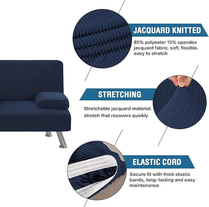 H.VERSAILTEX 4 Pieces Stretch Futon Covers Sofa Bed Slipcover with Removable Armrests and Cupholders Covers Furniture Protector High Spandex Small Checks Jacquard Fabric, Navy