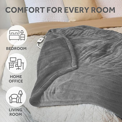 Sunbeam Royal Sherpa Foot Pocket Heated Throw Electric Blanket, 50" x 60", 4 Heat Settings, 4-Hour Auto Shut-Off, Warming Throw for Couch or Bed, Fast Heating, Machine Washable, Grey