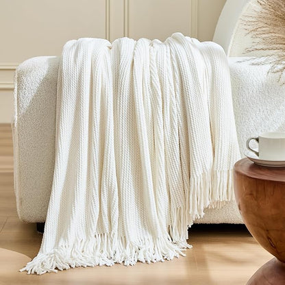 inhand Throw Blanket for Couch Bed,Chunky Chenille Woven Soft Blankets with Tassels,Cozy Boho Farmhouse Fall Winter Decor,Warm for Women,50"x60",Extra Thick-Off White