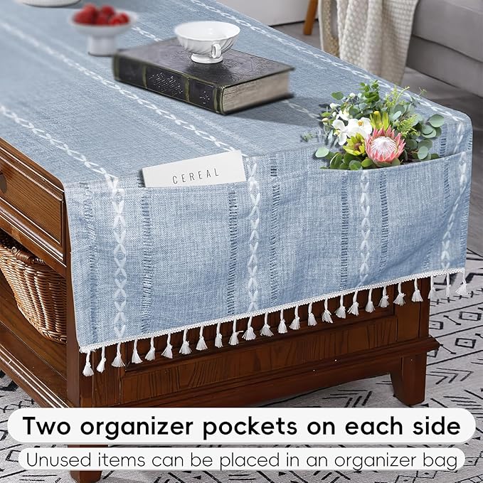 Coffee Table Cloth, Coffee Table Cover with Pockets and Tassel, Grey Jacquard for Living Room Small Rectangle Tablecloths Washer Dryer Fridge Top Dust Cover,Easy Care Machine Washable
