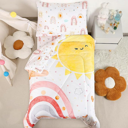 Toddler Bedding Set for Girls, 4 Piece Rainbow Toddler Girl Bedding Set, Super Soft & Lightweight Toddler Comforter Set Includes Comforter, Flat Sheet, Fitted Sheet, Pillowcase (Pink)
