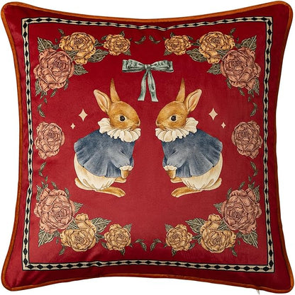 Grandmillennial Bunny Floral Pillow Cover, Velvet Euro Sham Covers Decorative Throw Pillow Covers 18x18 for Couch Sofa Bed Living Room, Christmas & Holiday, Red
