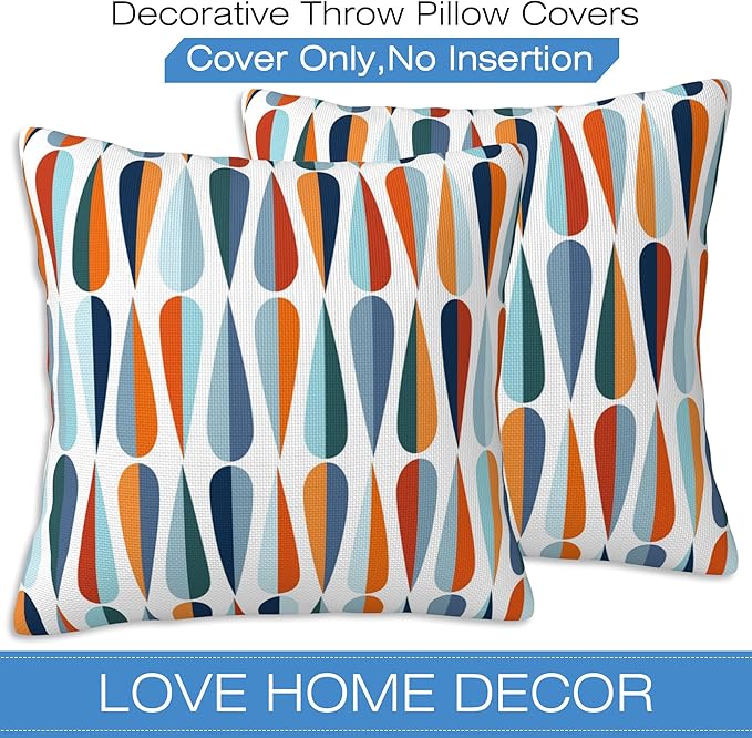 Mid-Century Drop Shapes Throw Pillow Cover Case Modern Retro Style Throw Pillows Set of 2 Super Soft Pillow Covers 16x16 Inches Farmhouse Home Decor for Living Room Bedroom Sofa Couch Cushion Cover