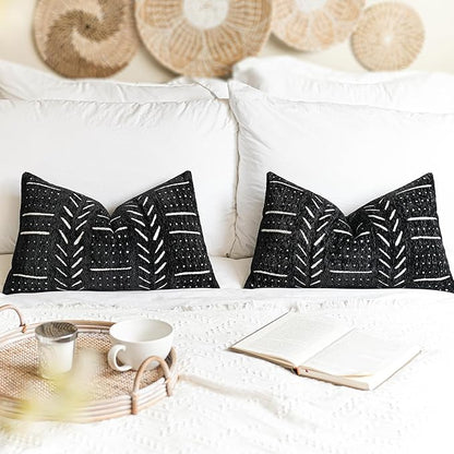 BlissBlush Black Decorative Lumbar Throw Pillow Covers 12X20, Set of 2, Boho Farmhouse Cushion Cover, Soft Accent Pillowcase for Couch Sofa Bed Living Room Home Décor