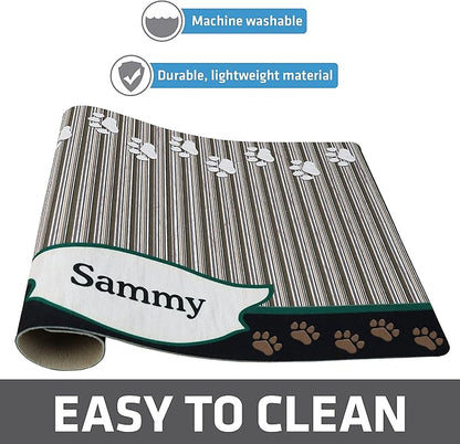 Drymate Personalized Pet Bowl Placemat, Custom Dog & Cat Food Feeding Mat - Absorbent Fabric, Waterproof Backing - Machine Washable/Durable (USA Made) (12" x 20") (Green Tan Paw)