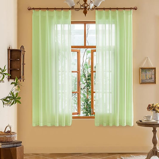 MAIHER Green Sheer Pinch Pleat Curtains 63 Inches Long for Bedroom Soft Touch Light Filtering Short Pleated Drapes with Ajustable Hooks for Dining Room, Reed Green, 42" W x 63" L, 2 Panels