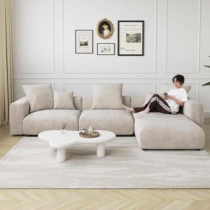JACH Sectional Couch with 5 Pillows, Luxurious Modular Sectional Couch with Chaise Ottoman, Cushion Covers Removable, Corduroy Modern Soft Couches for Living Room, Office (Beige)