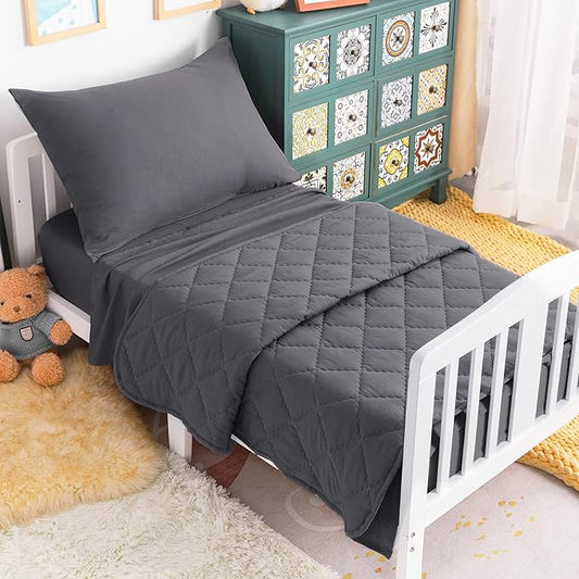 4-Piece Toddler Bedding Set for Girls and Boys – Soft and Breathable Crib Bedding with Quilted Comforter, Fitted Sheet, Flat Top Sheet and Envelope Pillowcase, Dark Grey