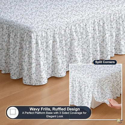 Cottington Lane Ruffled Bed Skirt King Size with Split Corner, Brushed Microfiber Hotel Quality Dust Ruffle, 15 Inch Drop Gathered Bedskirt, Soft, Stylish, Shrink & Fade Resistant, Coco Rose Leaf