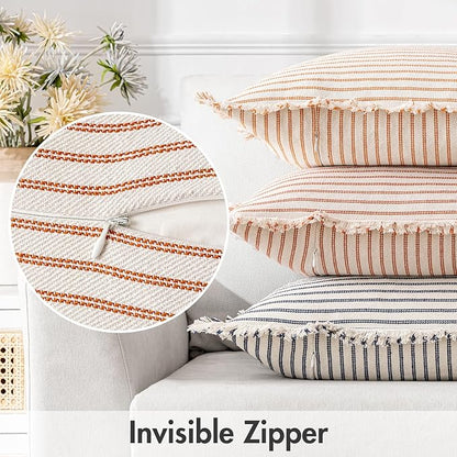 MIULEE Pack of 2 Rust Pillow Covers 26x26 Inch Striped Farmhouse Couch Throw Pillow Covers with Fringe Chic Linen Decorative Cushion Eruo Sham for Sofa Living Room Bed Outdoor Home Decor