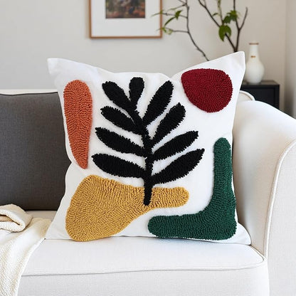 Boho Accent Pillow Covers 18x18- Tufted Abstract Modern Square Throw Pillow Covers, Farmhouse Decorative Pillowcase for Couch, Sofa, Bed, Living Room-Dark Green Khaki Red Geometric Black Leaf