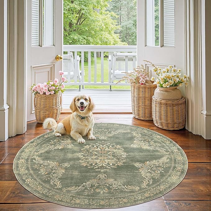 jinchan Round Rug 5ft Area Rugs Vintage Floral Distressed Design Machine Washable Soft Non-Slip Low-Pile Ultra-Thin Christmas Circle Rug for Entryway Living Room Dining Room (5' Round, Dark Green)
