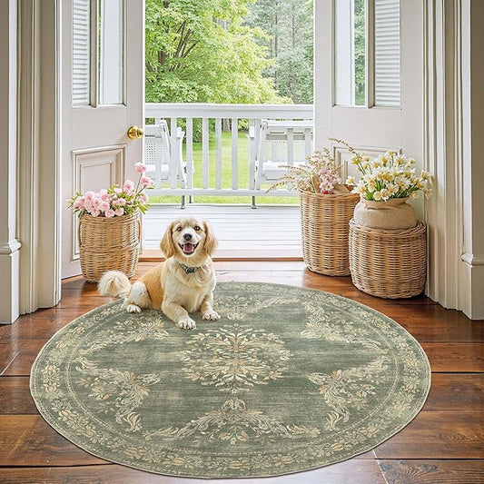 jinchan Round Rug 5ft Area Rugs Vintage Floral Distressed Design Machine Washable Soft Non-Slip Low-Pile Ultra-Thin Christmas Circle Rug for Entryway Living Room Dining Room (5' Round, Dark Green)