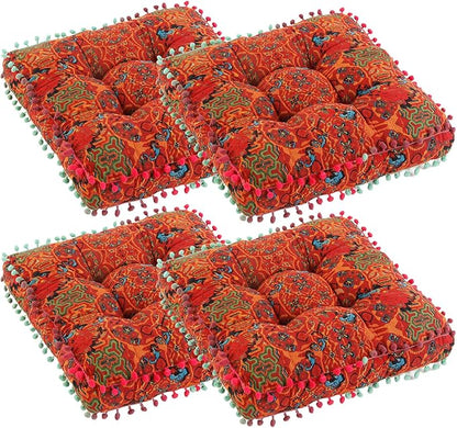 Bohemian Seat Cushion，Indoor & Outdoor 16.5" x 16.5" Seating Cushion for Dinning Chairs, Decorative with Tassels(4Pcs, Orange)