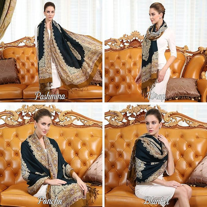 DANA XU 100% Merino Wool Extra Large Pashmina Blanket Travel Scarf Cashmere Wrap for Women Fall Winter Oversize Shawl Floral