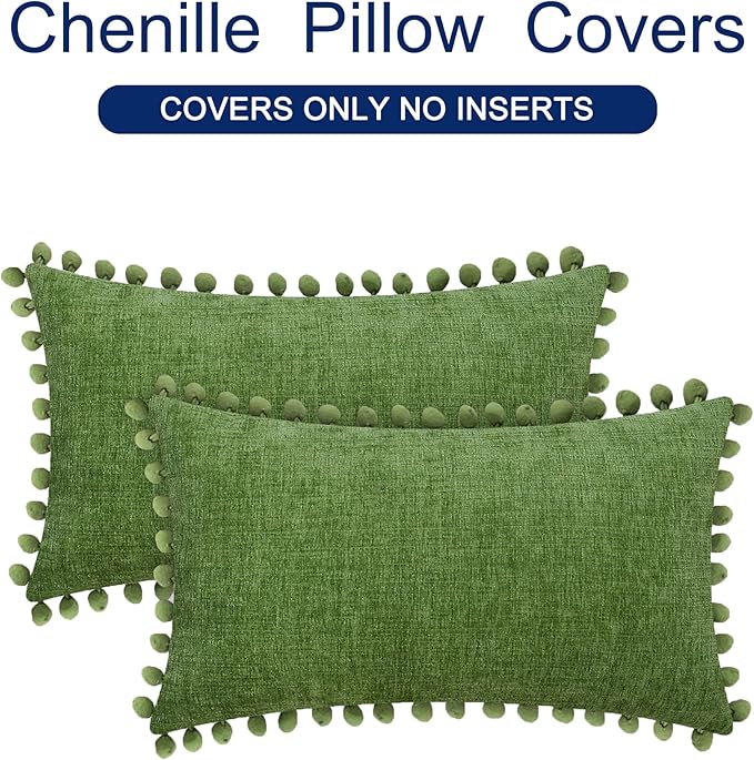 CaliTime Throw Pillow Covers Decorative 20 X 12 Inches Pack of 2 Cozy Solid Dyed Soft Chenille Cushion Cases with Pom Poms for Couch Sofa Bed Living Room Home Forest Green