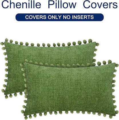 CaliTime Throw Pillow Covers Decorative 20 X 12 Inches Pack of 2 Cozy Solid Dyed Soft Chenille Cushion Cases with Pom Poms for Couch Sofa Bed Living Room Home Forest Green
