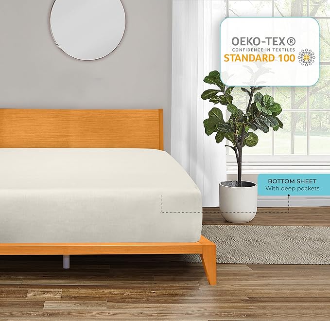ROYALE LINENS 300 Thread Count 100% Long Staple Combed Cotton Fitted Sheet Full - Super Soft Deep Pocket Bottom Sheet - Fitted Sheets Only - Elastic Sheets (Full, Cream)