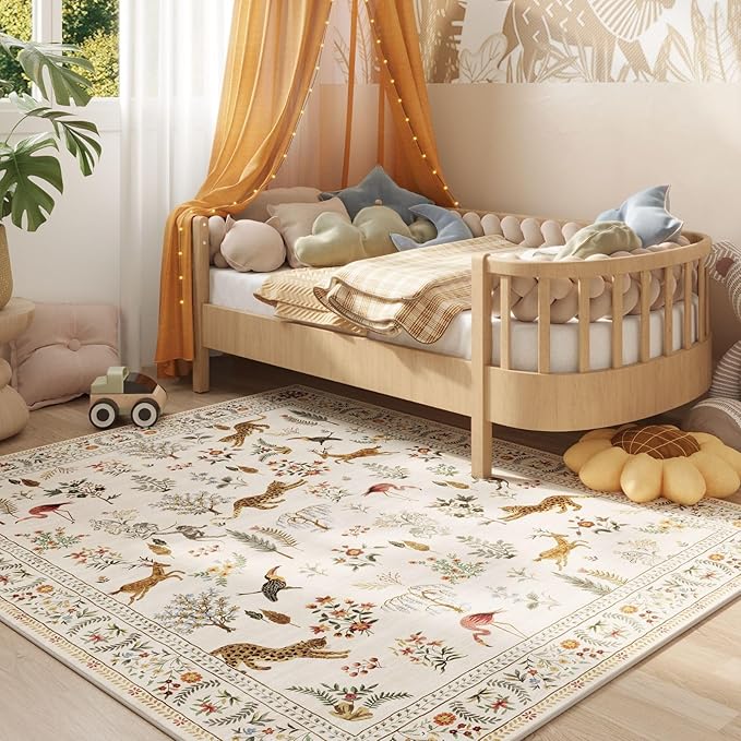 Rugcomf Area Rugs 8x10 Rug for Living Room Clearance Washable Boho Area Rug Non Slip Floral Animal Vintage Low Pile Large Rug for Living Room, Bedroom, Farmhouse, Dining Room, Kids Playroom (Beige)