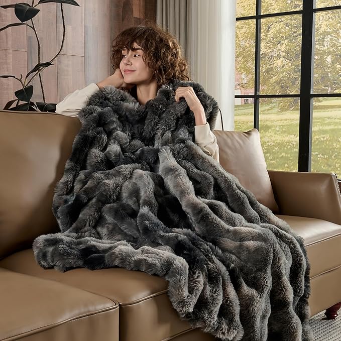 Lotus Karen Faux Fur Throw Blanket Tie-Dye Dark Gray - Big Bubble Rabbit Fluff Blanket for Couch, Small Fluffy Fuzzy Cozy Blanket, Thick Furry Plush Shaggy Blankets, 50x60 Inches