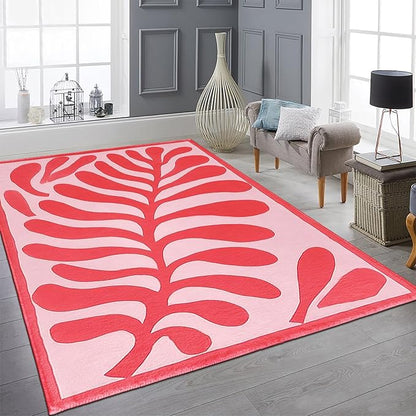 9CH Abstract Matisse Leaf Area Rug 7' X 5 Pink Retro Botanical Faux Wool Rugs Non-Slip Boho Flowers Soft Floor Carpet for Kitchen Entryway Bedroom
