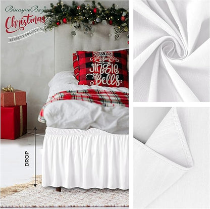 Biscaynebay Wrap Around Bed Skirts for King & Cal King Beds Extra Short Drop of 9", White Elastic Dust Ruffles Easy Fit Wrinkle & Fade Resistant Silky Luxurious Fabric Solid Machine Washable