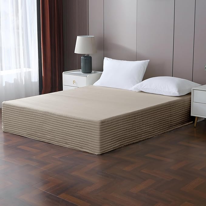 Queen Bed Skirt-Box Spring Cover with 14 Inch Tailored Drop,Wrinkle and Fade Resistant Hotel Wrap Around Bed Skirts,Bed Frame Cover (Horizontal Stripe Light Khaki, Queen)