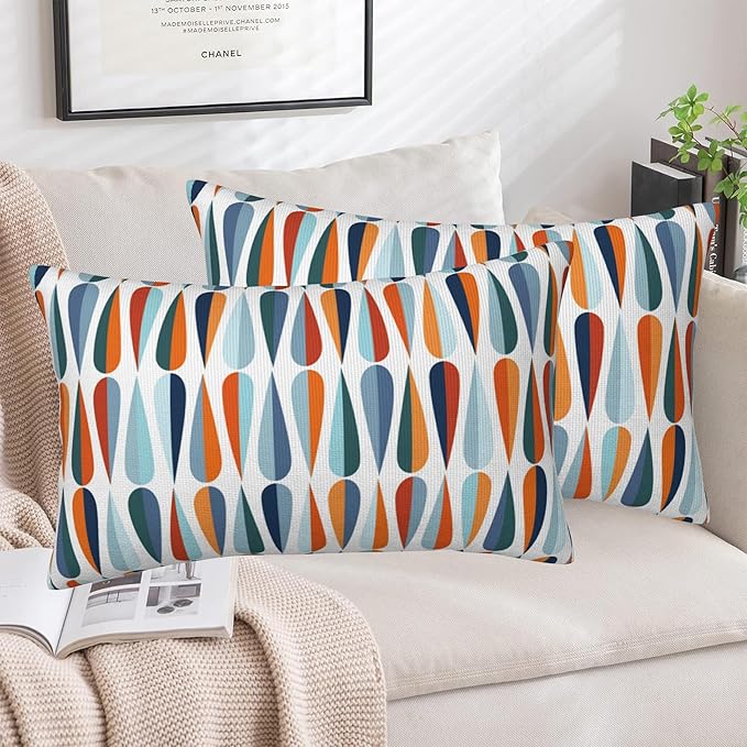 Mid-Century Drop Shapes Throw Pillow Cover Case Modern Retro Style Throw Pillows Set of 2 Super Soft Pillow Covers 20x12 Inches Farmhouse Home Decor for Living Room Bedroom Sofa Couch Cushion Cover